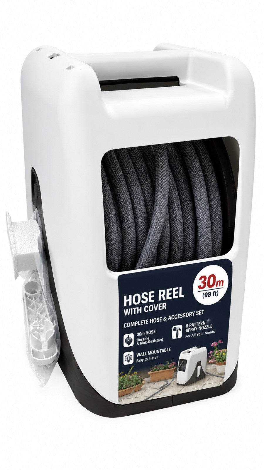 30M Garden Hose Reel 98FT Water Hose Reel Gear Driven Rewind 7 Spray Patterns
