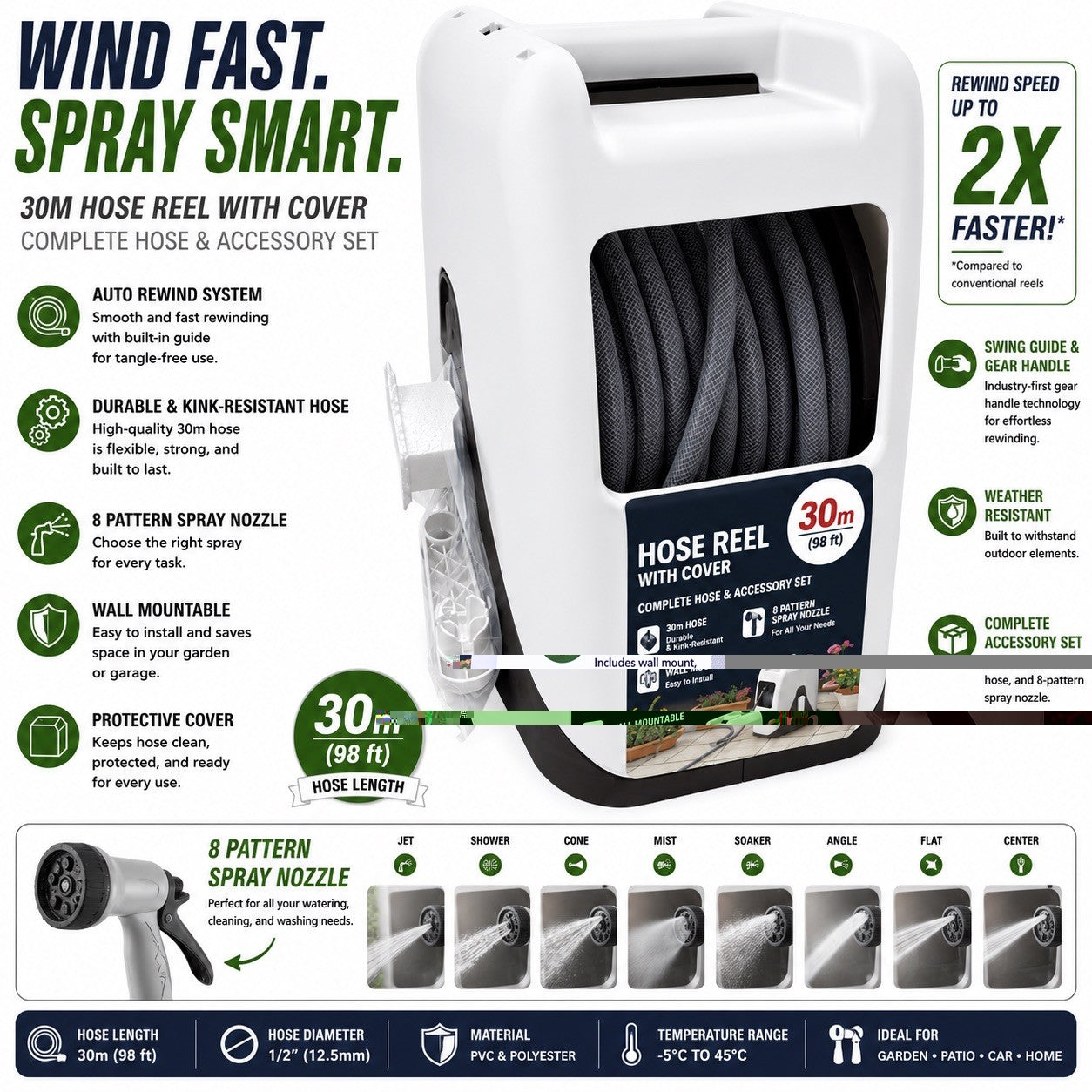 30M Garden Hose Reel 98FT Water Hose Reel Gear Driven Rewind 7 Spray Patterns - Lumi and Leo