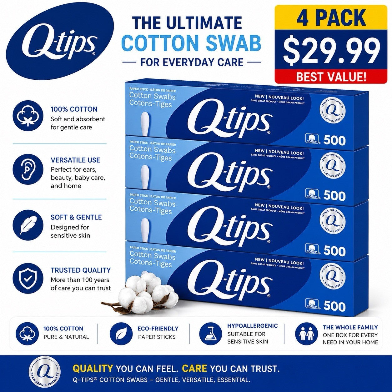 4 Pack Q-tips Cotton Swabs 500 Count Paper Sticks 100% Cotton Soft Gentle - Lumi and Leo