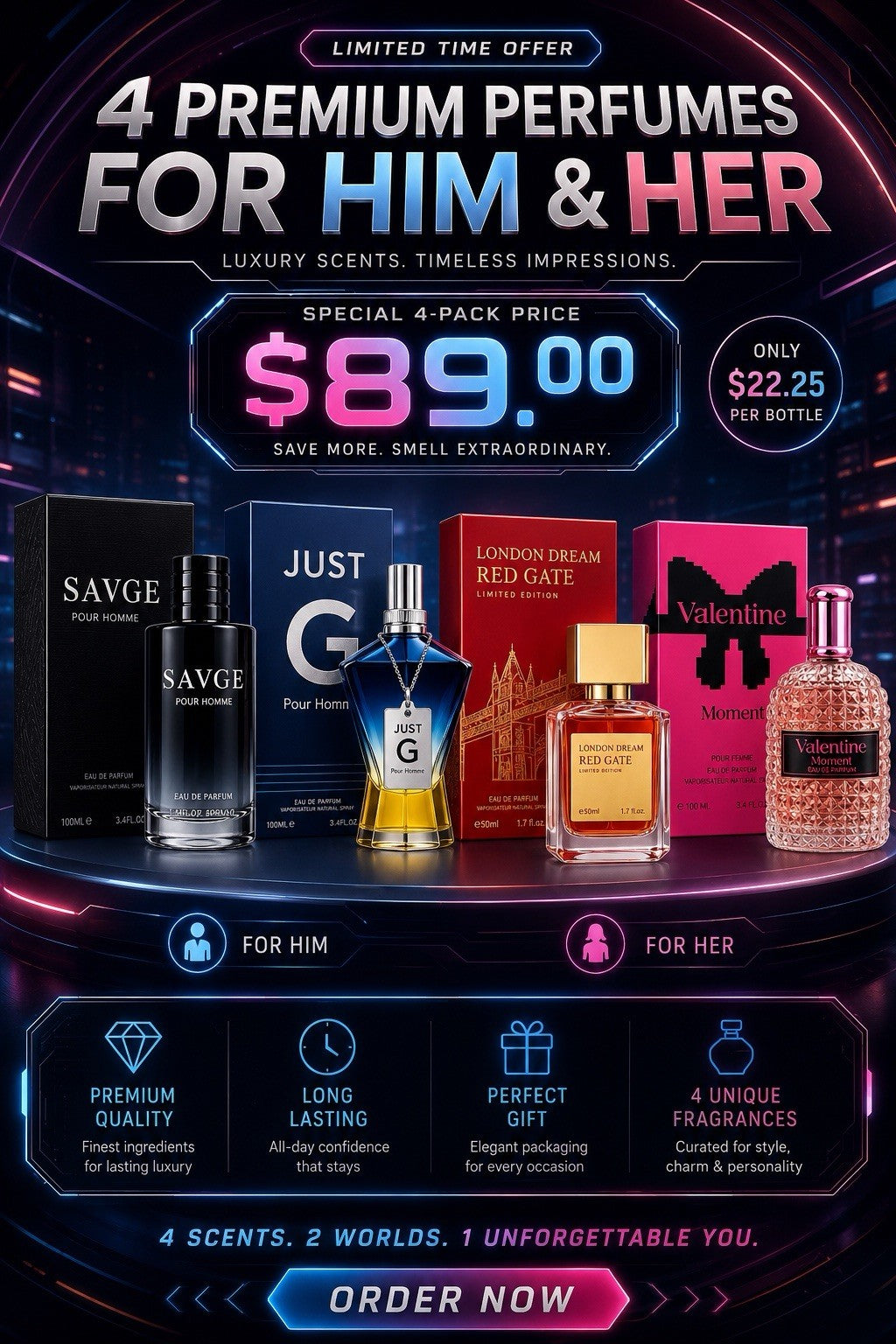 4 Premium Perfume Gift Set for Men & Women | 2 Men's + 2 Women's Eau de Parfum - Lumi and Leo