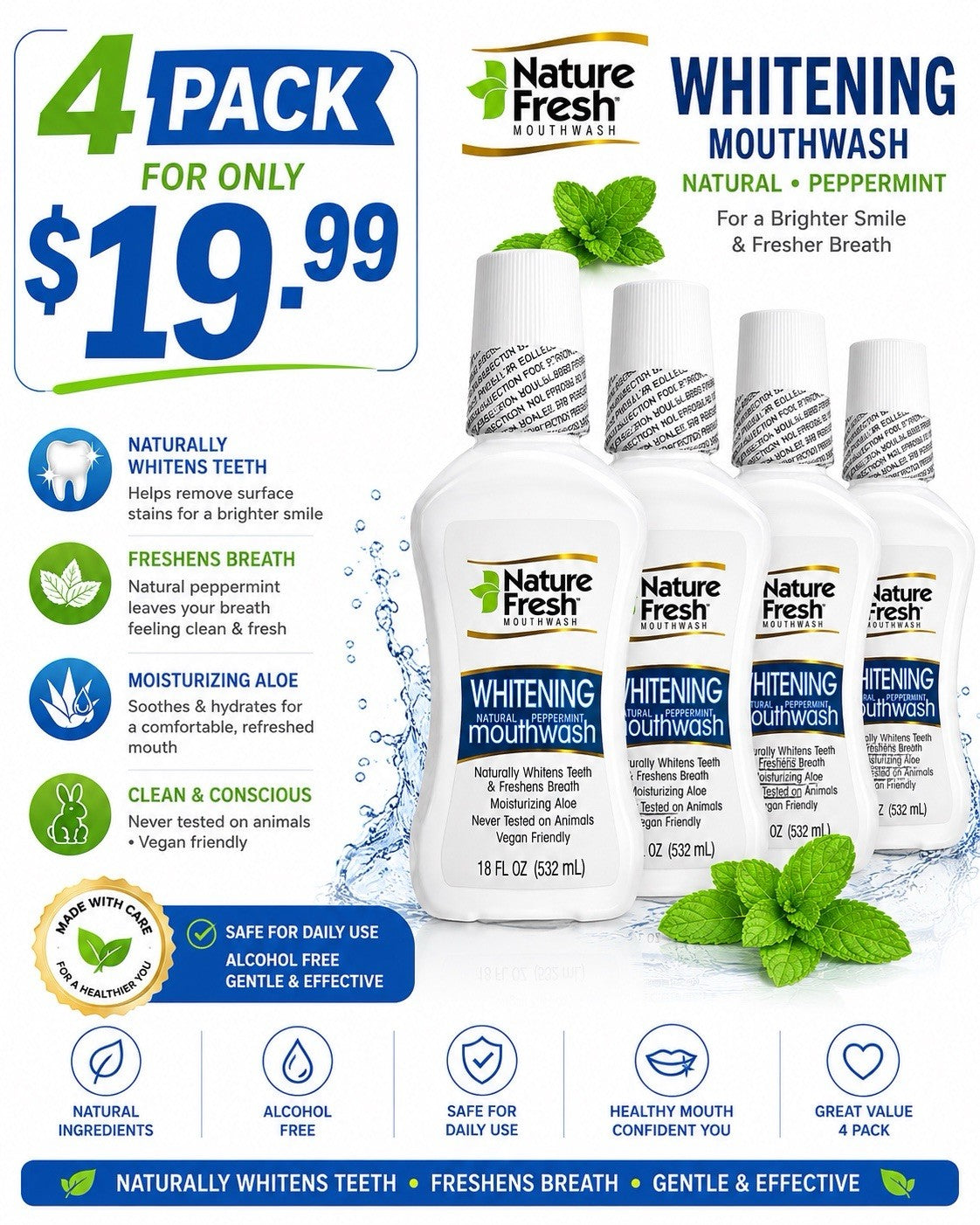 4xNature Fresh Whitening Mouthwash 18 oz Ea. Peppermint Hydrogen Peroxide Power - Lumi and Leo