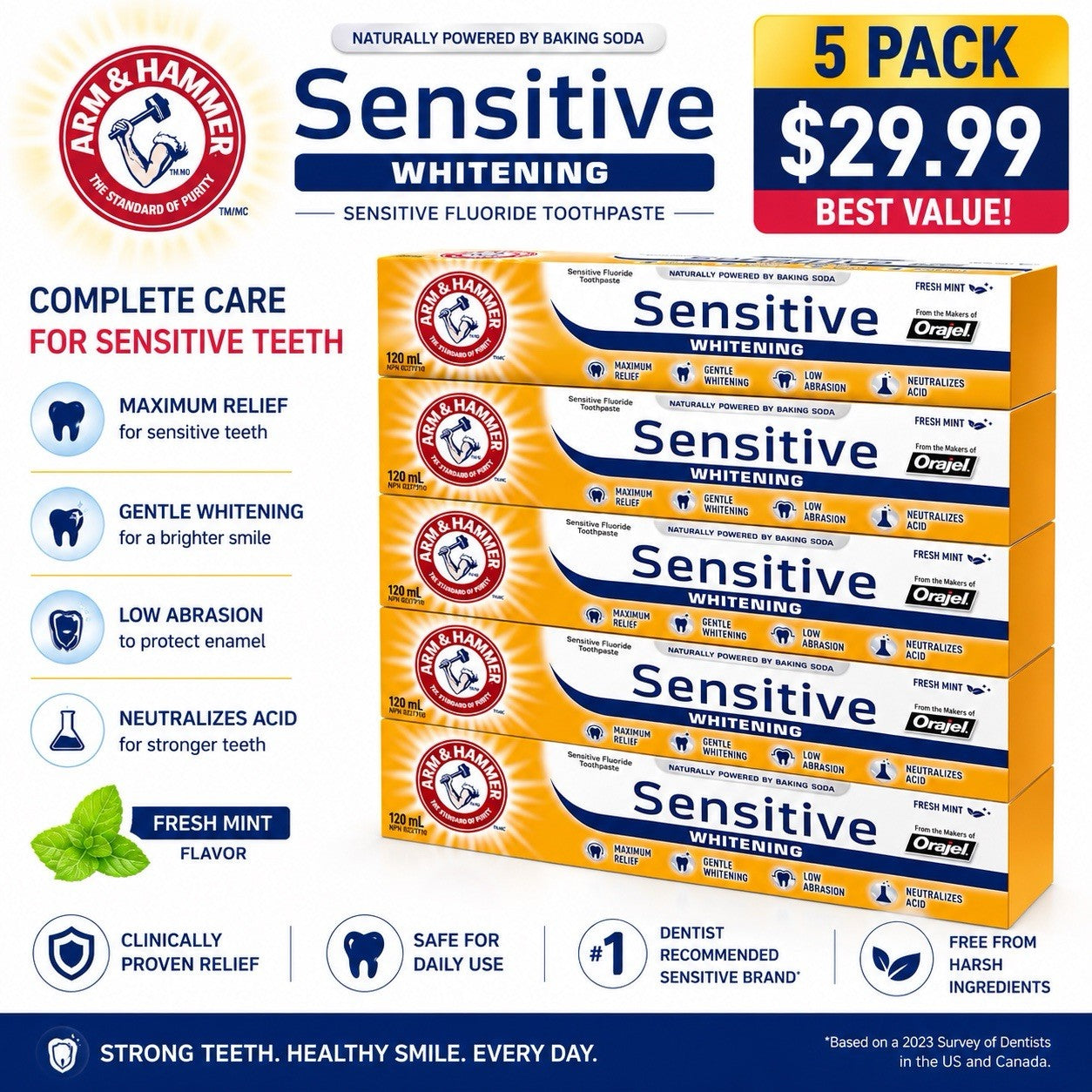 5 Pack Arm & Hammer Sensitive Whitening Toothpaste Fresh Mint 120mL Fluoride - Lumi and Leo
