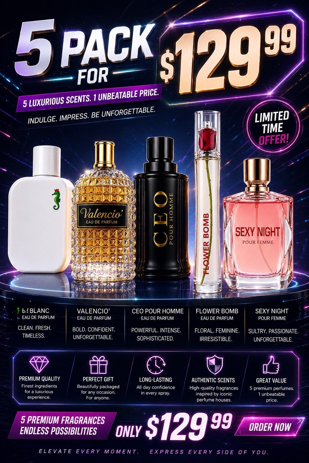 5 Pack Eau de Parfum Gift Set 100ml Each Men's & Women's Fragrance Bundle