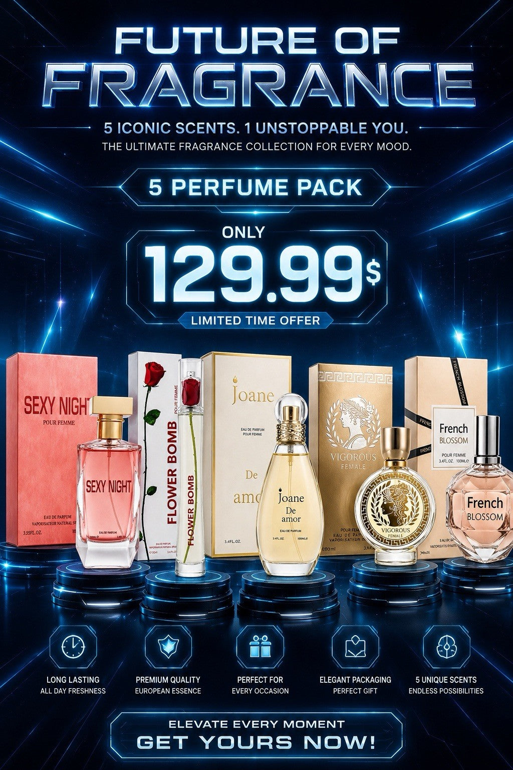 5 Pack Eau de Parfum Gift Set 100ml Perfume Bundle Men Women Fragrance Set