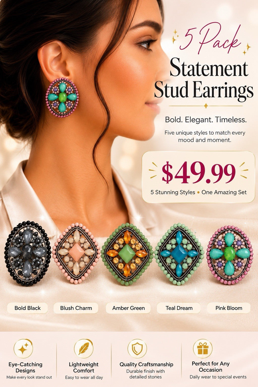 5xWomen's Fashion Earrings Elegant Floral Design Gold Tone Nickel Free Gift !!!!