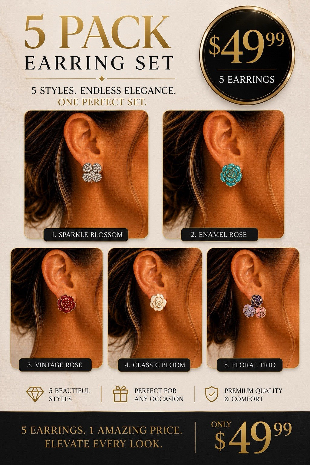 5xWomen's Fashion Earrings Elegant Floral Design Gold Tone Nickel Free Gift !!!!