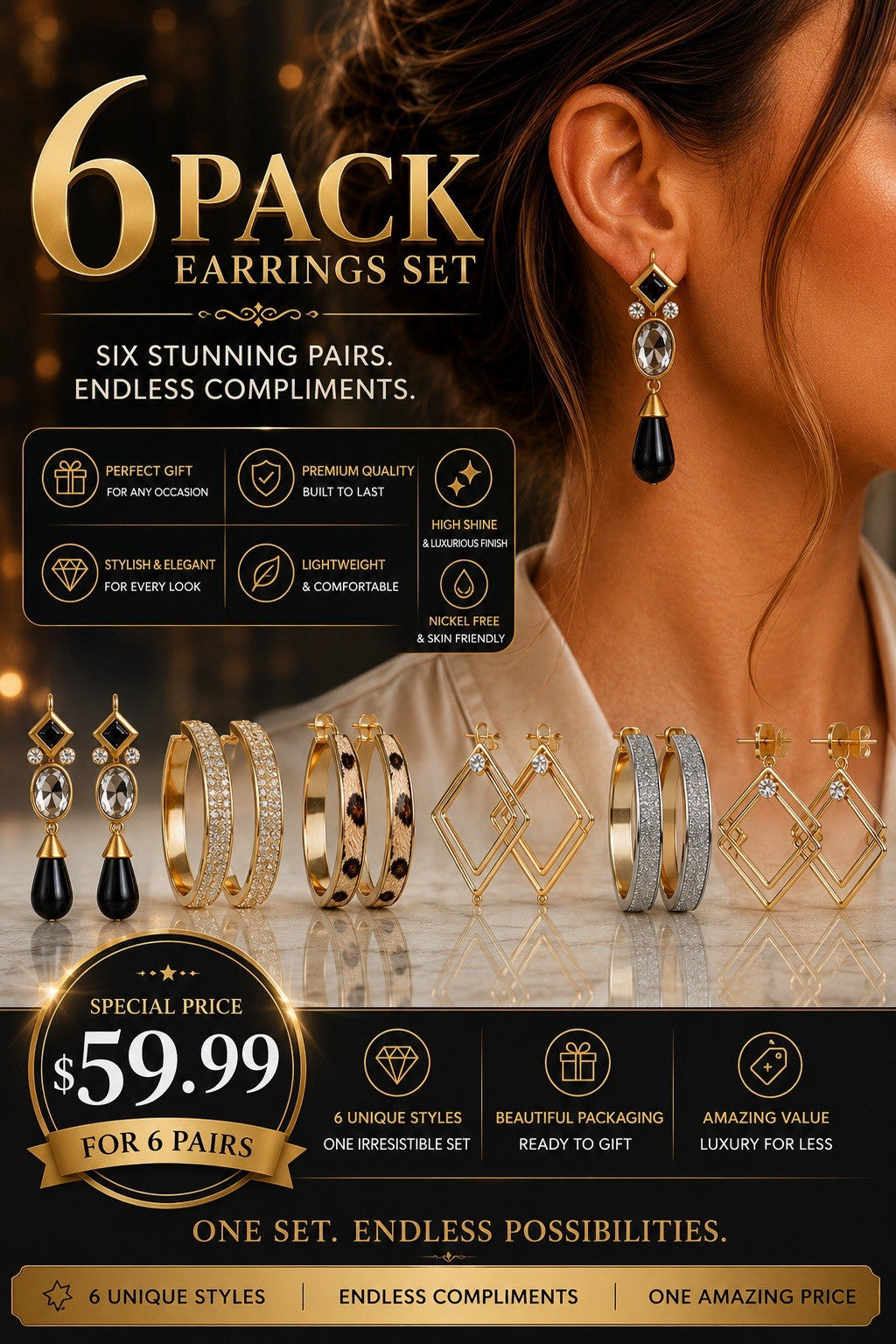 6xWomen's Fashion Earrings Elegant Floral Design Gold Tone Nickel Free Gift !!!! - Lumi and Leo
