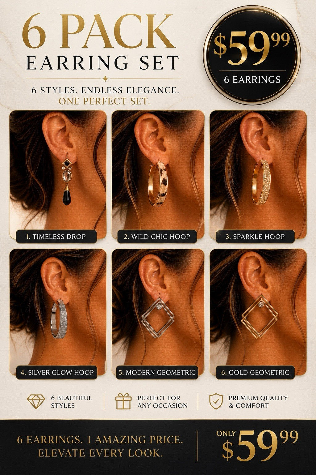 6xWomen's Fashion Earrings Elegant Floral Design Gold Tone Nickel Free Gift !!!! - Lumi and Leo