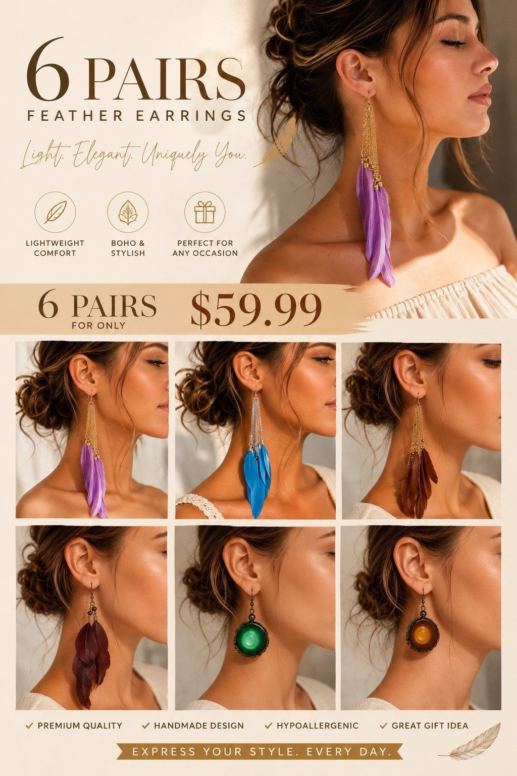 6xWomen's Fashion Earrings Elegant Floral Design Gold Tone Nickel Free Gift !!!!