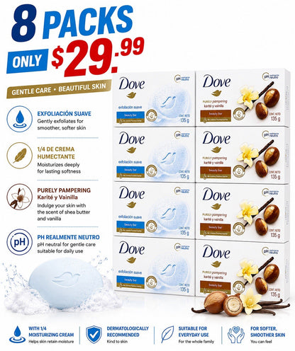 8-Pack Dove Beauty Bar Soap Bundle 135g Moisturizing Shea Vanilla Exfoliating - Lumi and Leo