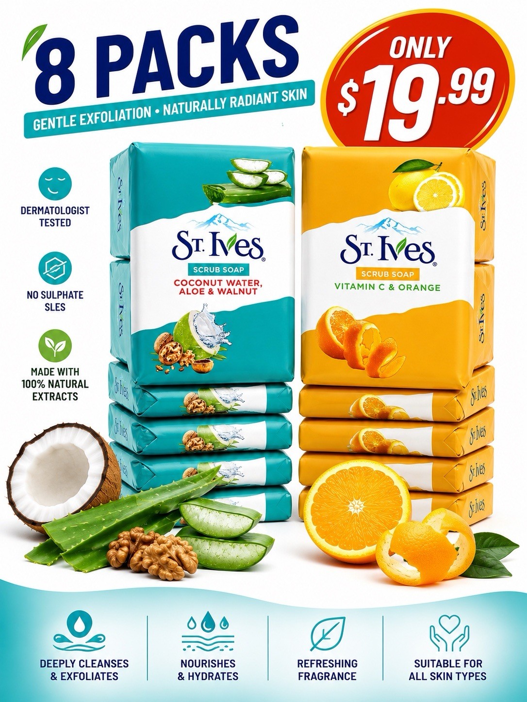 8xSt. Ives Scrub Soap-Coconut Water, Aloe & Walnuts Natural Plant Base 100 Grams