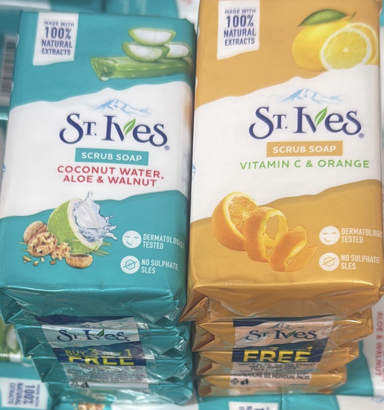8xSt. Ives Scrub Soap-Coconut Water, Aloe & Walnuts Natural Plant Base 100 Grams