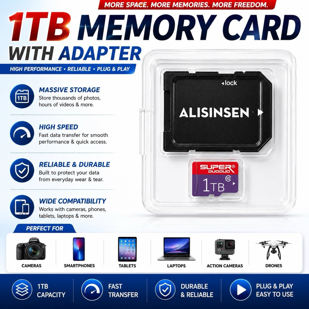 ALISINSEN 1TB Micro SD Memory Card with SD Adapter TF Card