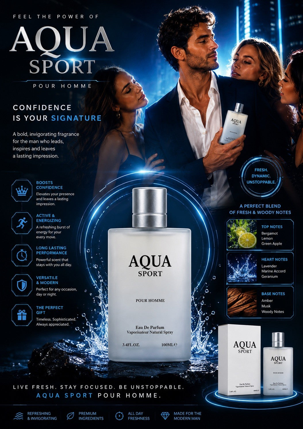 AQUA SPORT Pour Homme Eau de Parfum 100ml Men's Cologne Long Lasting Fragrance