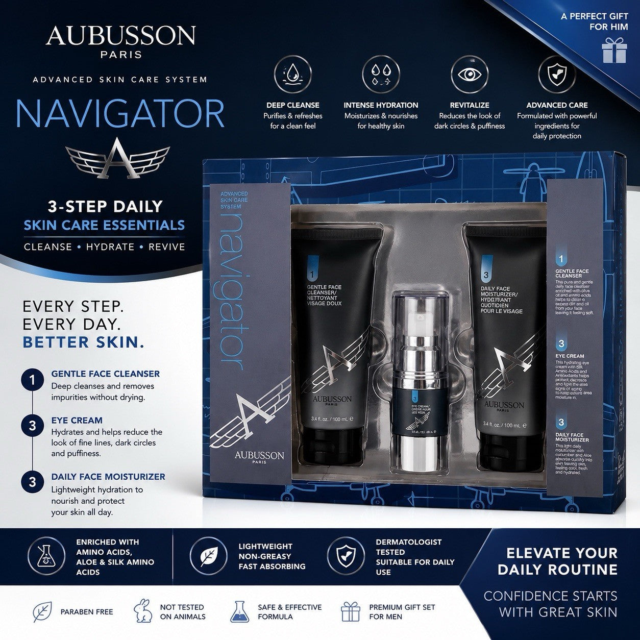 Aubusson Paris Navigator Men Fragrance 3 Pack Cleanser, Eye Cream & Moisturizer - Lumi and Leo