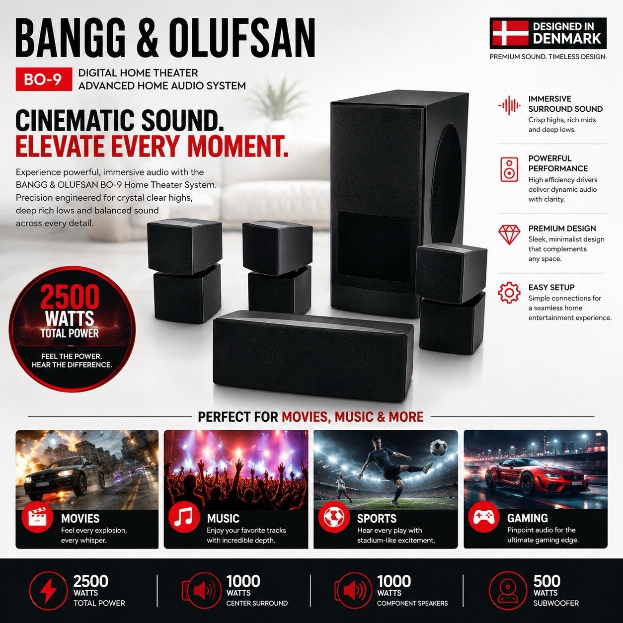 BO-9 Home Theater Speaker System 2500W Home Audio Surround Sound Black - Lumi and Leo