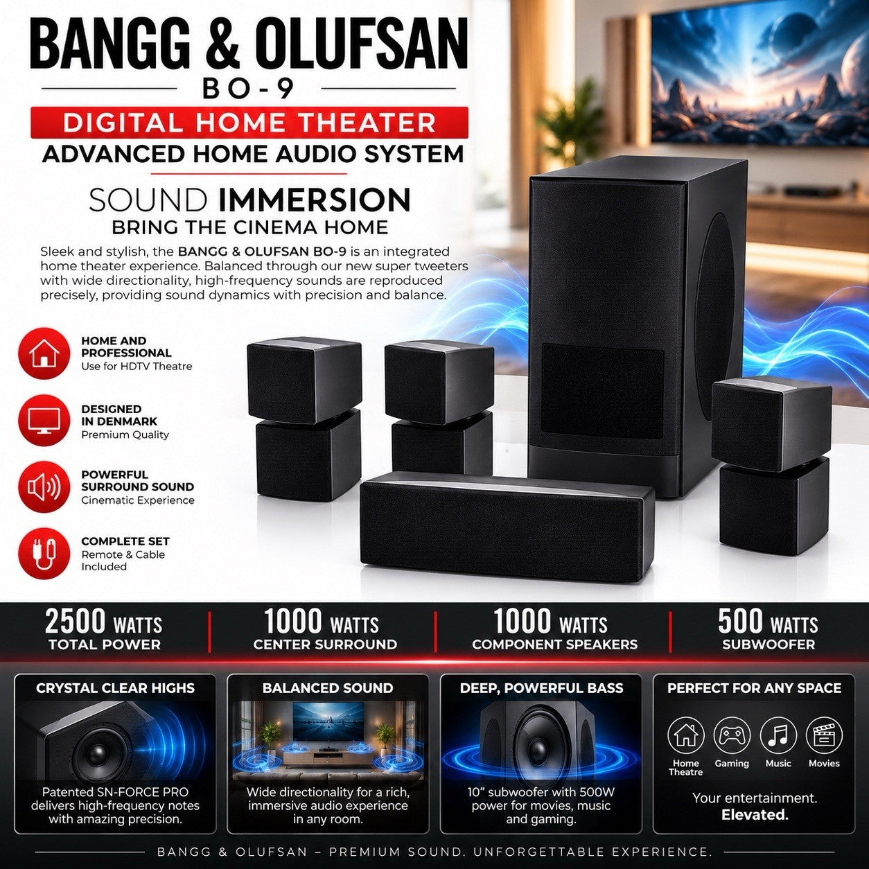 BO-9 Home Theater Speaker System 2500W Home Audio Surround Sound Black - Lumi and Leo