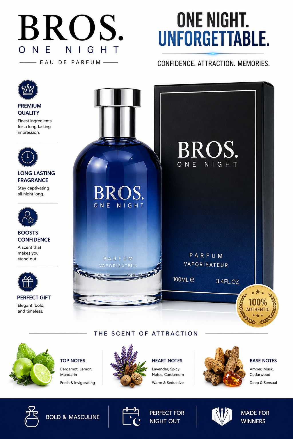 BROS. ONE NIGHT Eau De Parfum 100ml Men's Cologne Long Lasting Fragrance - Lumi and Leo