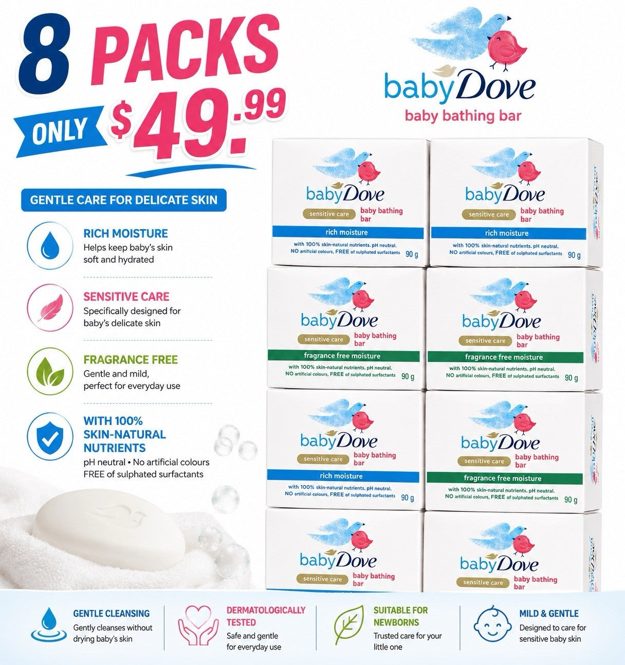 Baby Dove Sensitive Care Soap 2 Pack (8 Bars) Moisturizing Fragrance Free - Lumi and Leo