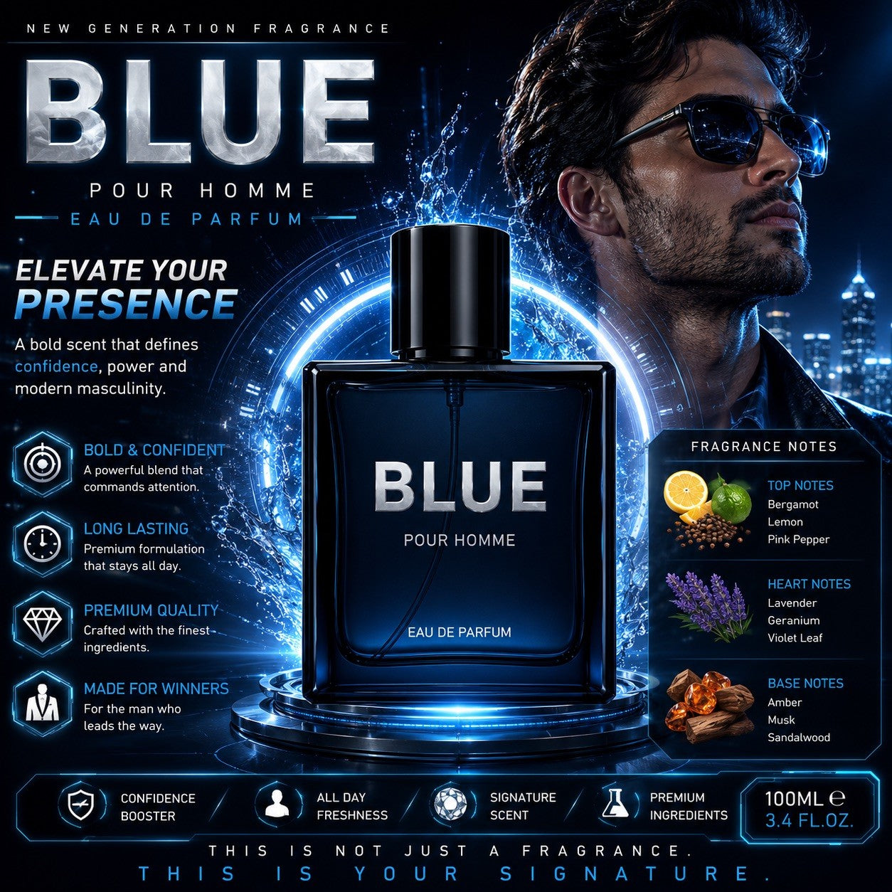 Blue Pour Homme Eau de Parfum 100ml Men's Cologne Long Lasting Fragrance Spray - Lumi and Leo