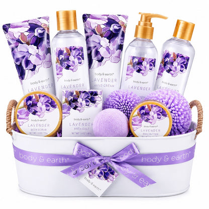Body & Earth Lavender Spa Gift Basket 11pc Bath & Body Set for Women - Lumi and Leo