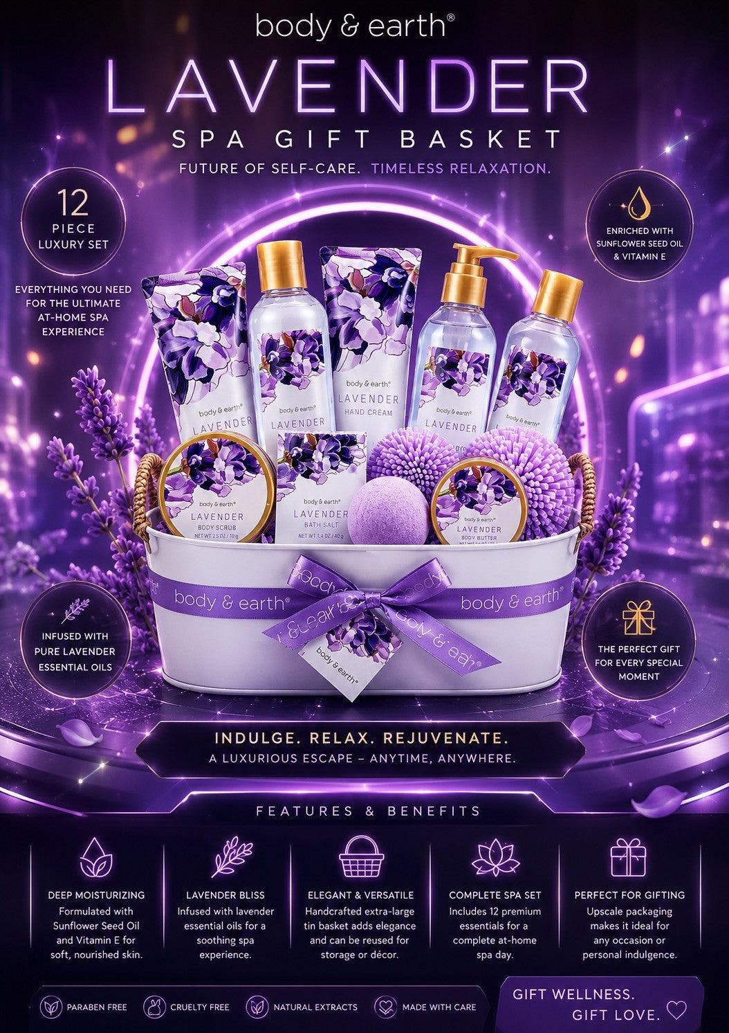 Body & Earth Lavender Spa Gift Basket 11pc Bath & Body Set for Women