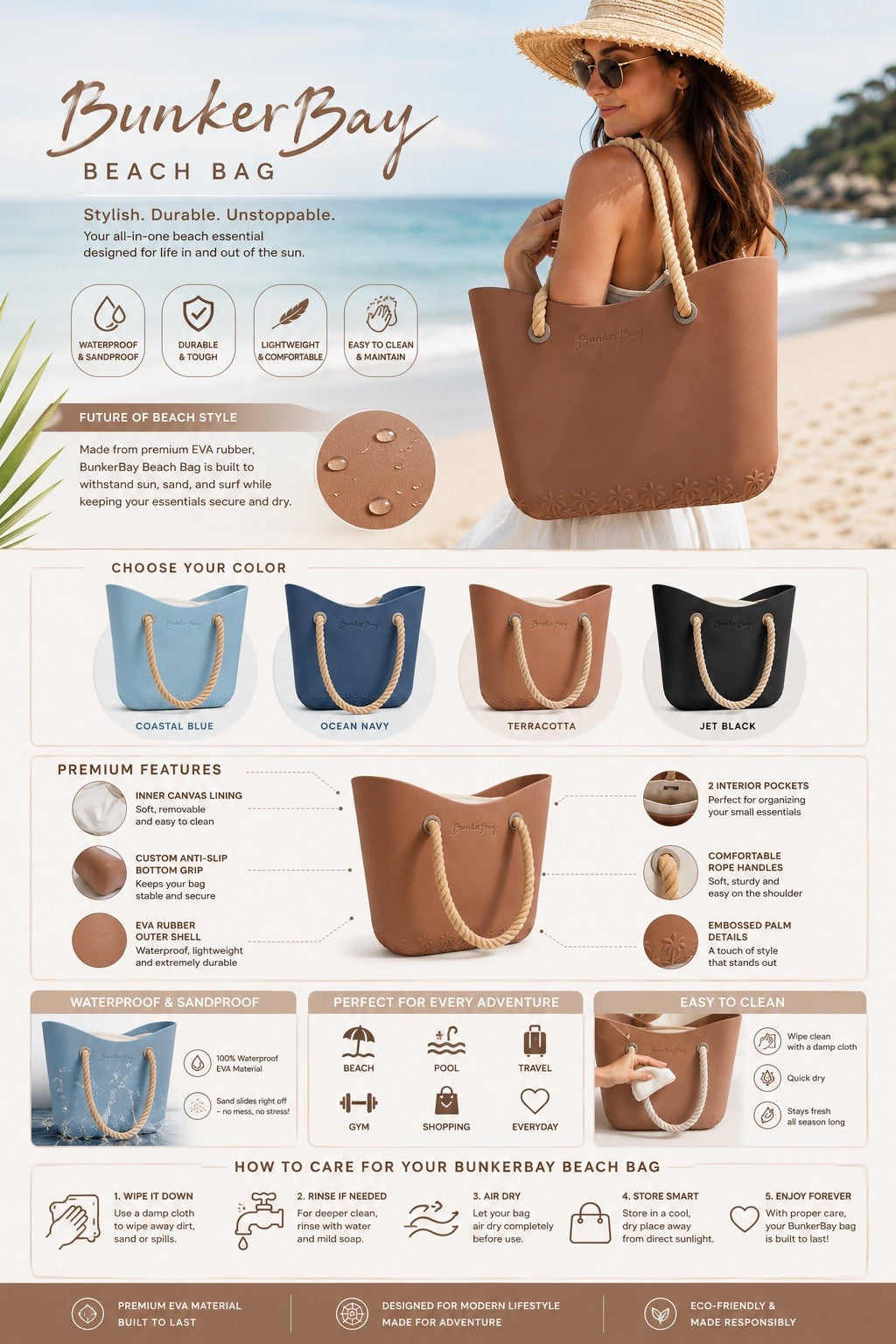 BunkerBay EVA Waterproof Beach Tote Bag Large Rope Handle Terracotta
