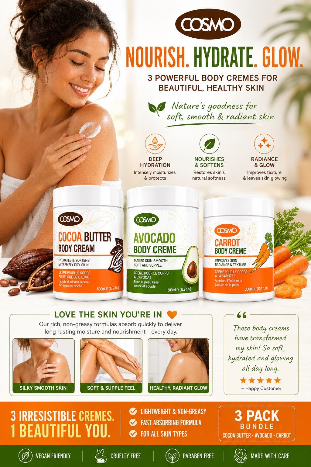 COSMO 3 Pack Body Cream Cocoa Butter Avocado Carrot Moisturizer Bundle