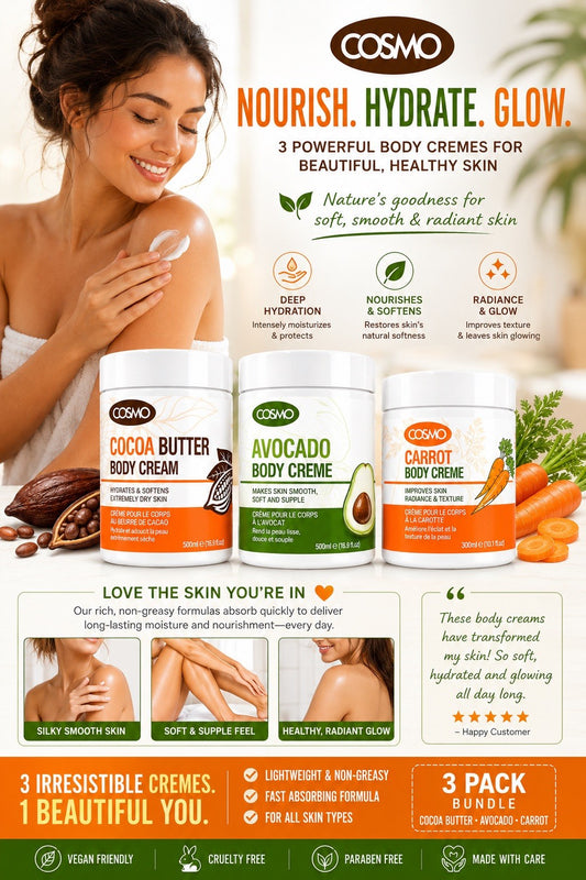 COSMO 3 Pack Body Cream Cocoa Butter Avocado Carrot Moisturizer Bundle - Lumi and Leo