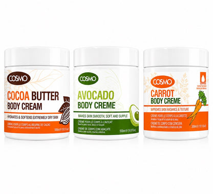 COSMO 3 Pack Body Cream Cocoa Butter Avocado Carrot Moisturizer Bundle - Lumi and Leo