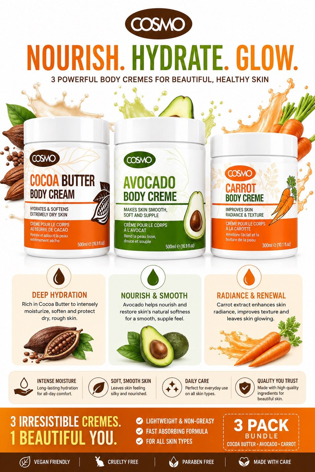 COSMO 3 Pack Body Cream Cocoa Butter Avocado Carrot Moisturizer Bundle - Lumi and Leo
