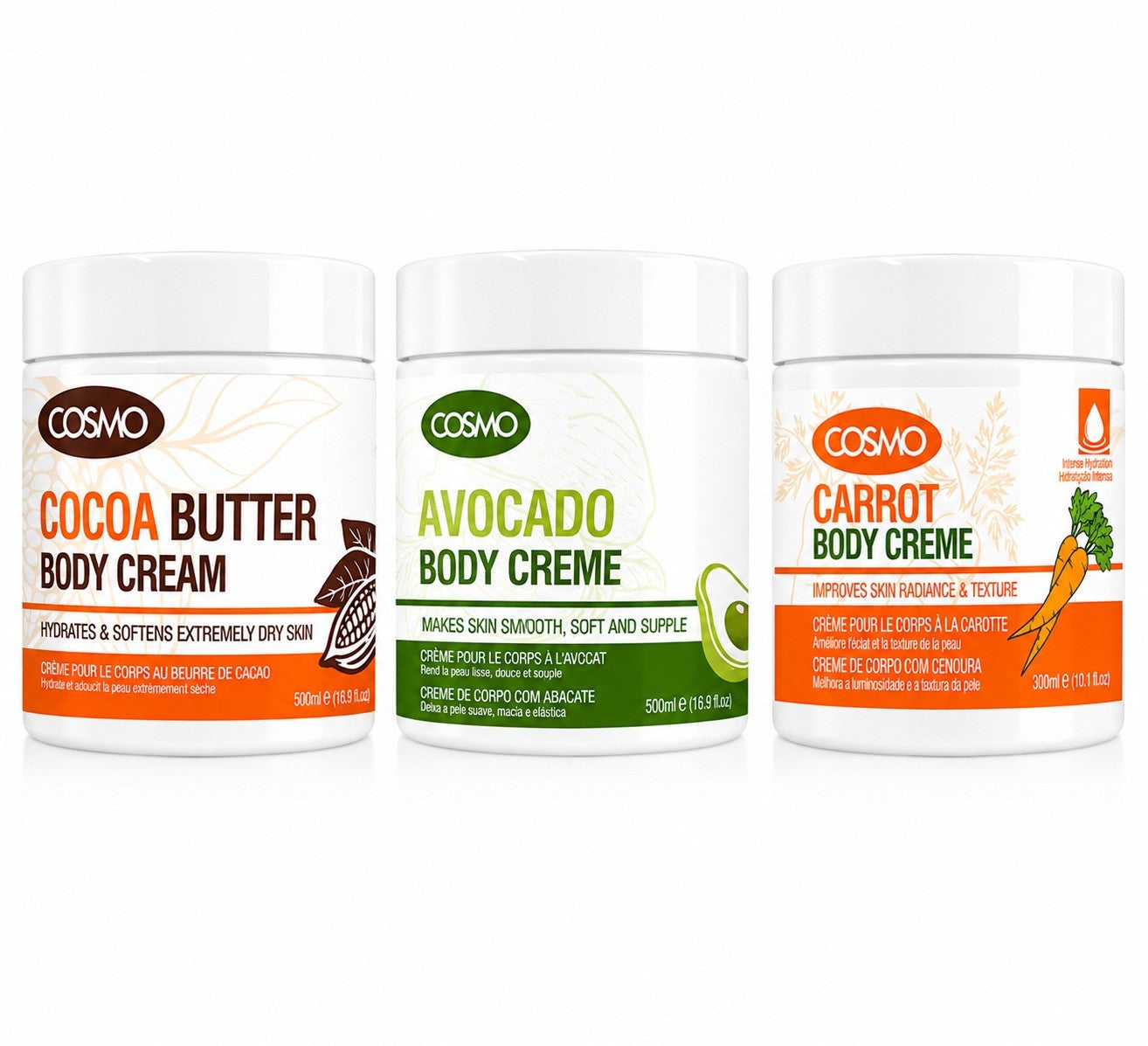 COSMO 3 Pack Body Cream Cocoa Butter Avocado Carrot Moisturizer Bundle