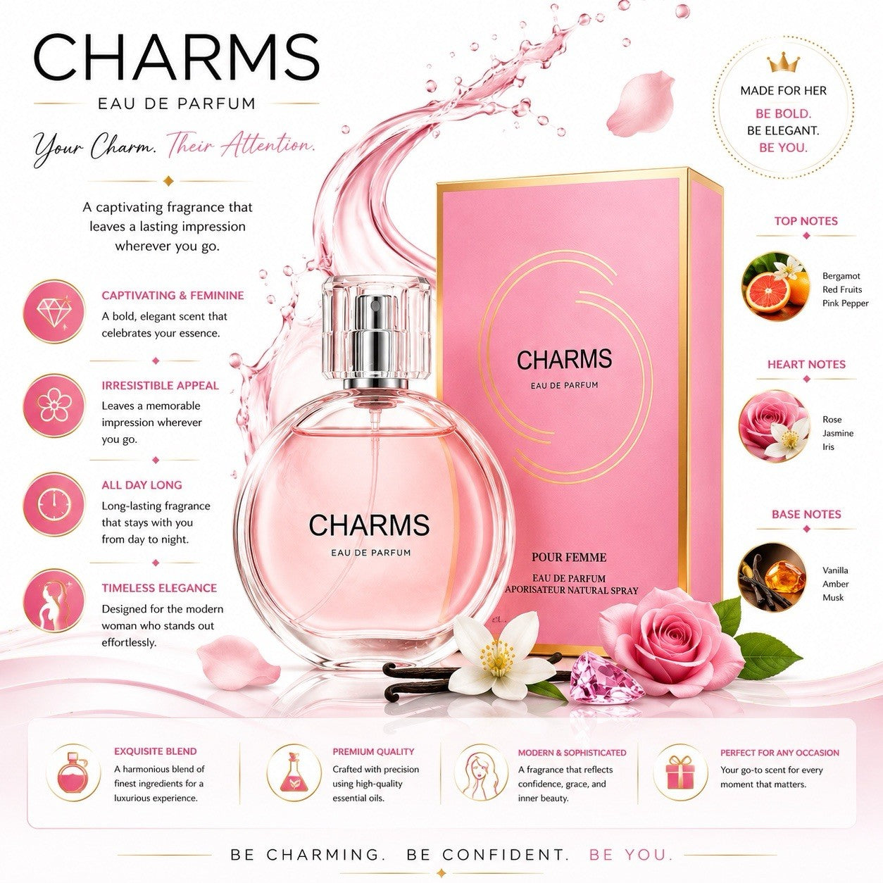 Charms Eau De Parfum for Women 100ml Long Lasting Floral Perfume Spray - Lumi and Leo