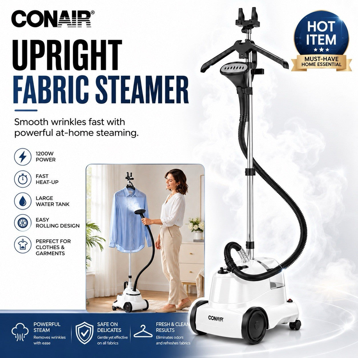 Conair GS7IHR 1200W Upright Fabric Garment Clothes Steamer Refurbished White - Lumi and Leo
