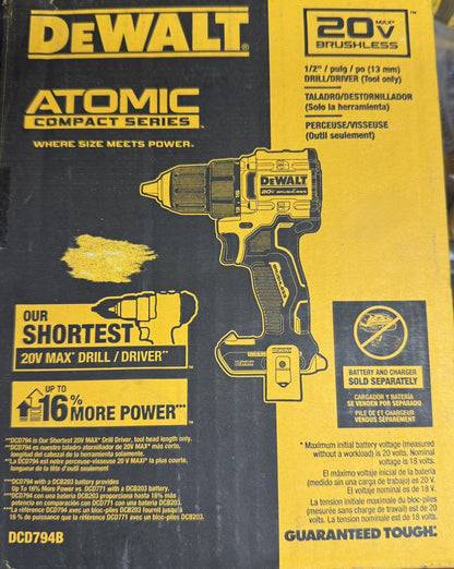 DeWALT DCD794B 20V MAX XR Atomic Brushless 1/2" Drill/Driver Bare Tool - Lumi and Leo