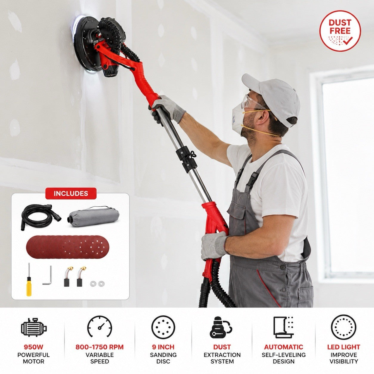 Dureno 950W Drywall Sander with LED Light & Dust Collection System – New