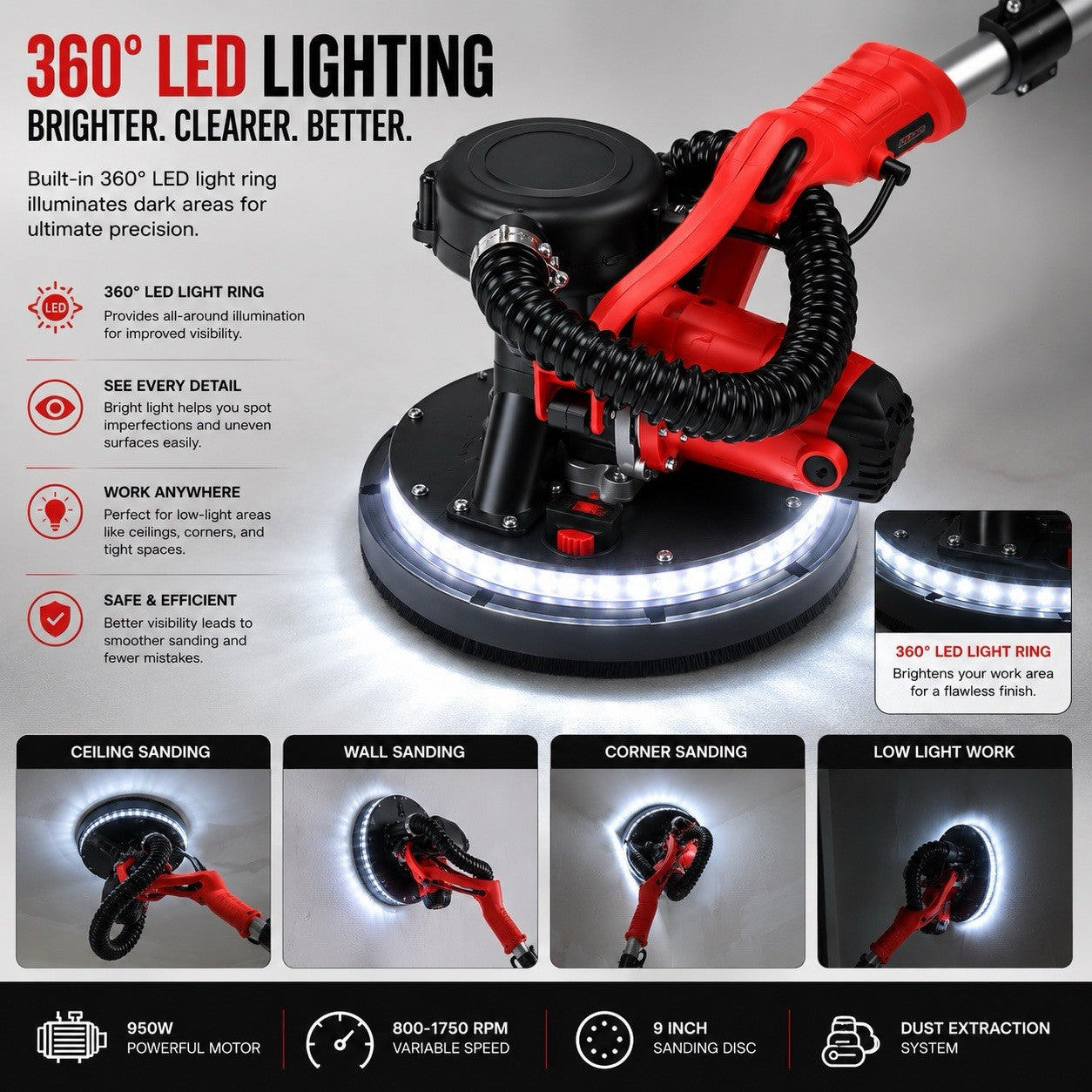 Dureno 950W Drywall Sander with LED Light & Dust Collection System – New