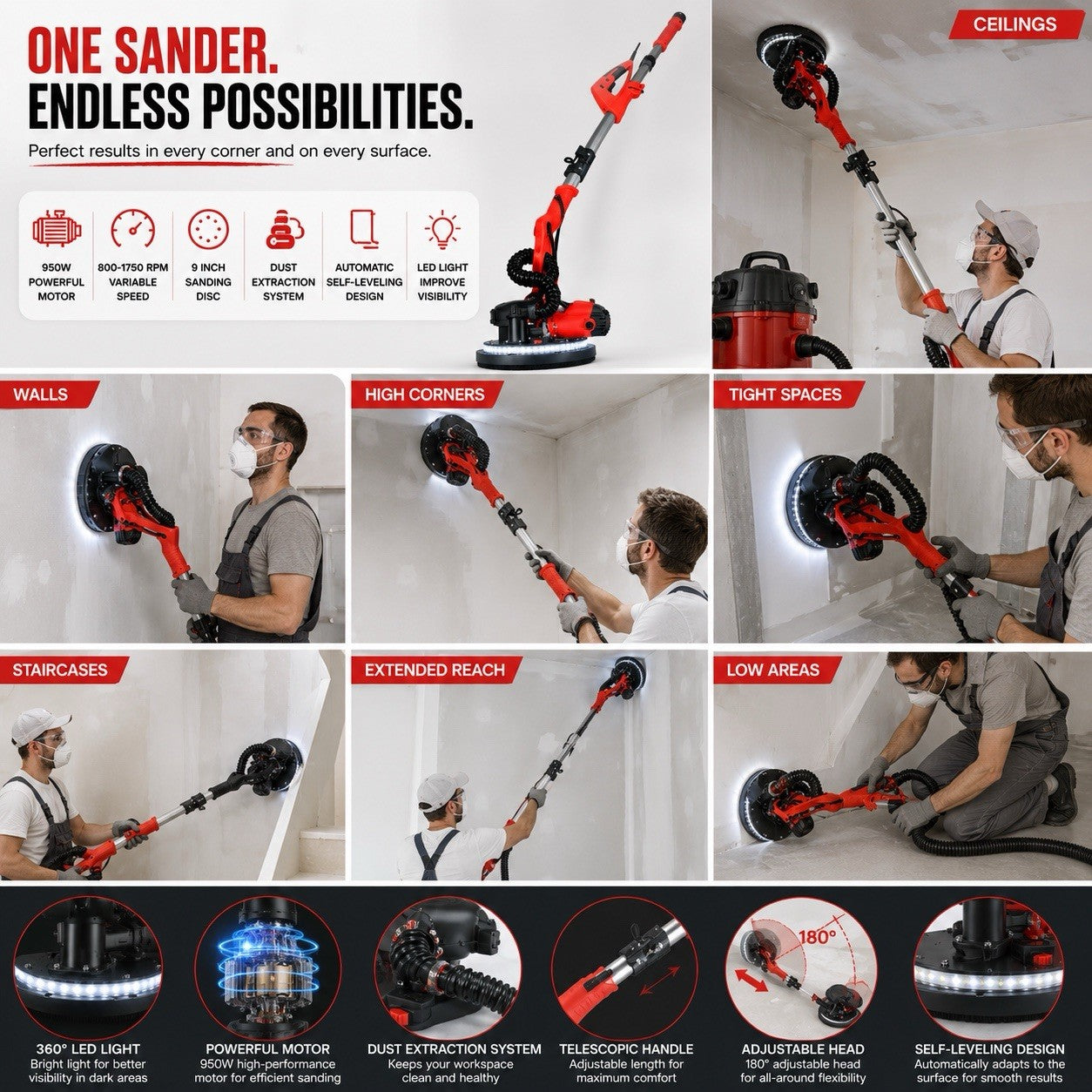Dureno 950W Drywall Sander with LED Light & Dust Collection System – New - Lumi and Leo