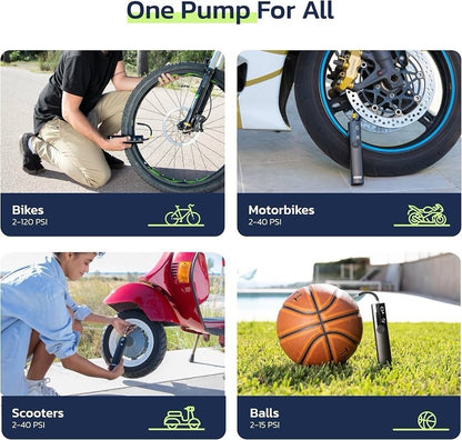 Electric Bike Pump - Portable Tire Inflator with 120 PSI Valve Adapters - Lumi and Leo