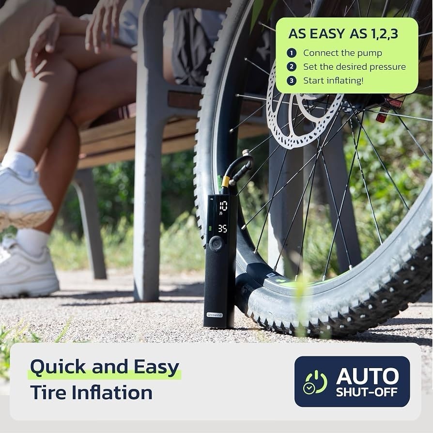 Electric Bike Pump - Portable Tire Inflator with 120 PSI Valve Adapters - Lumi and Leo