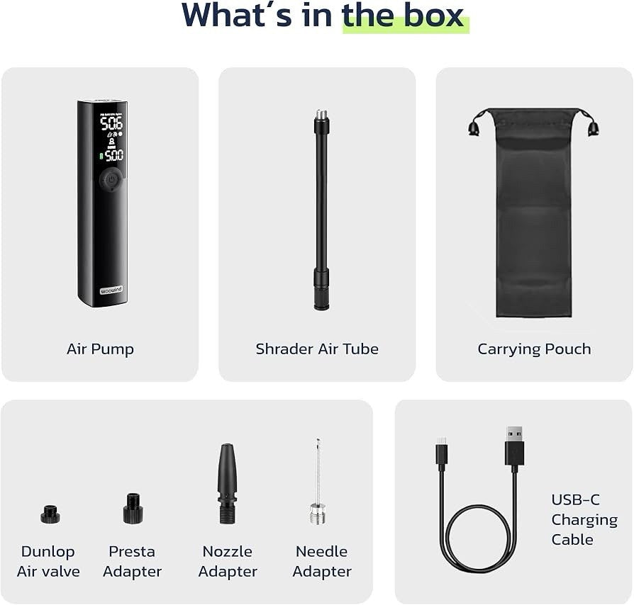 Electric Bike Pump - Portable Tire Inflator with 120 PSI Valve Adapters - Lumi and Leo