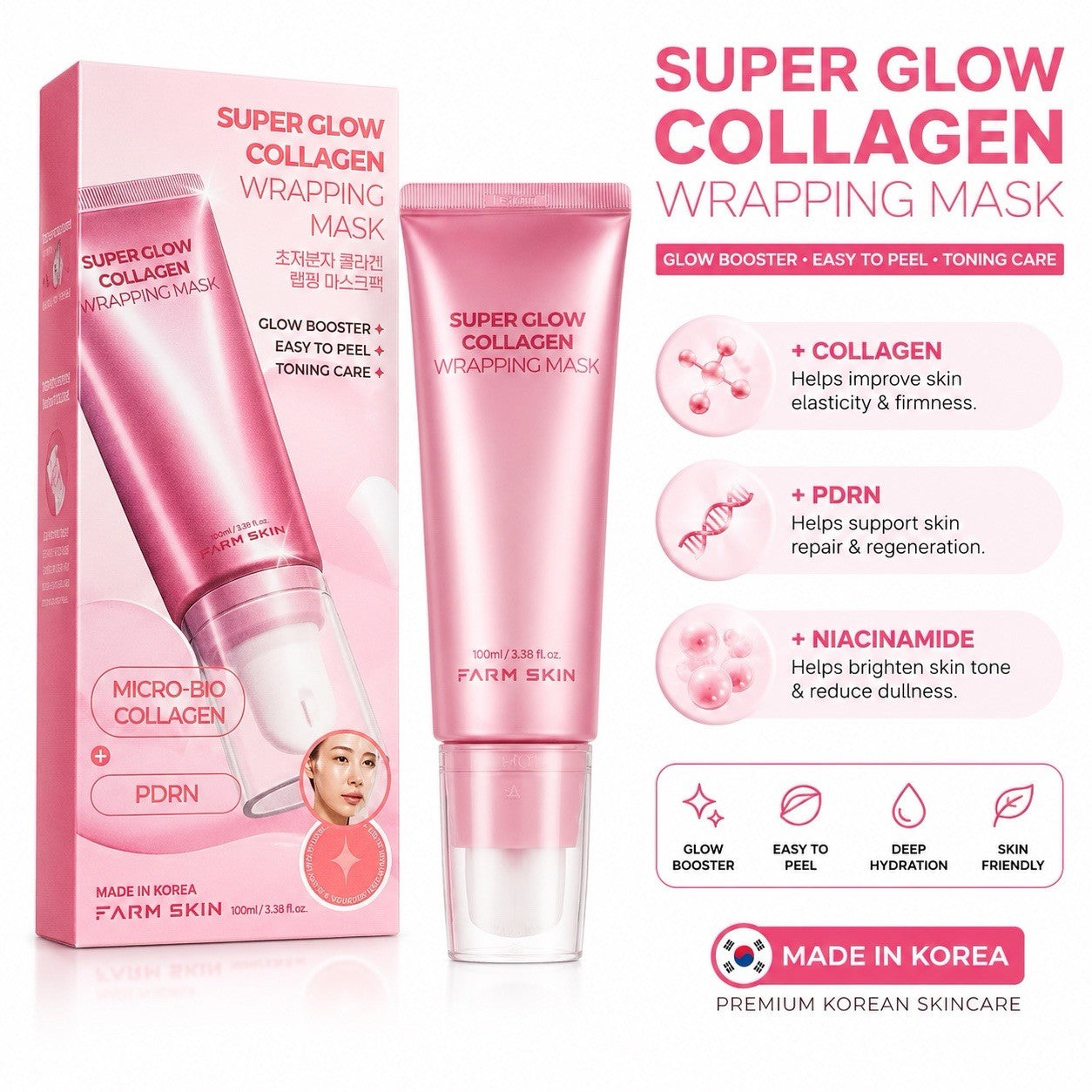 Farm Skin Super Glow Collagen Wrapping Mask 100ml PDRN Peel Off Made Korea