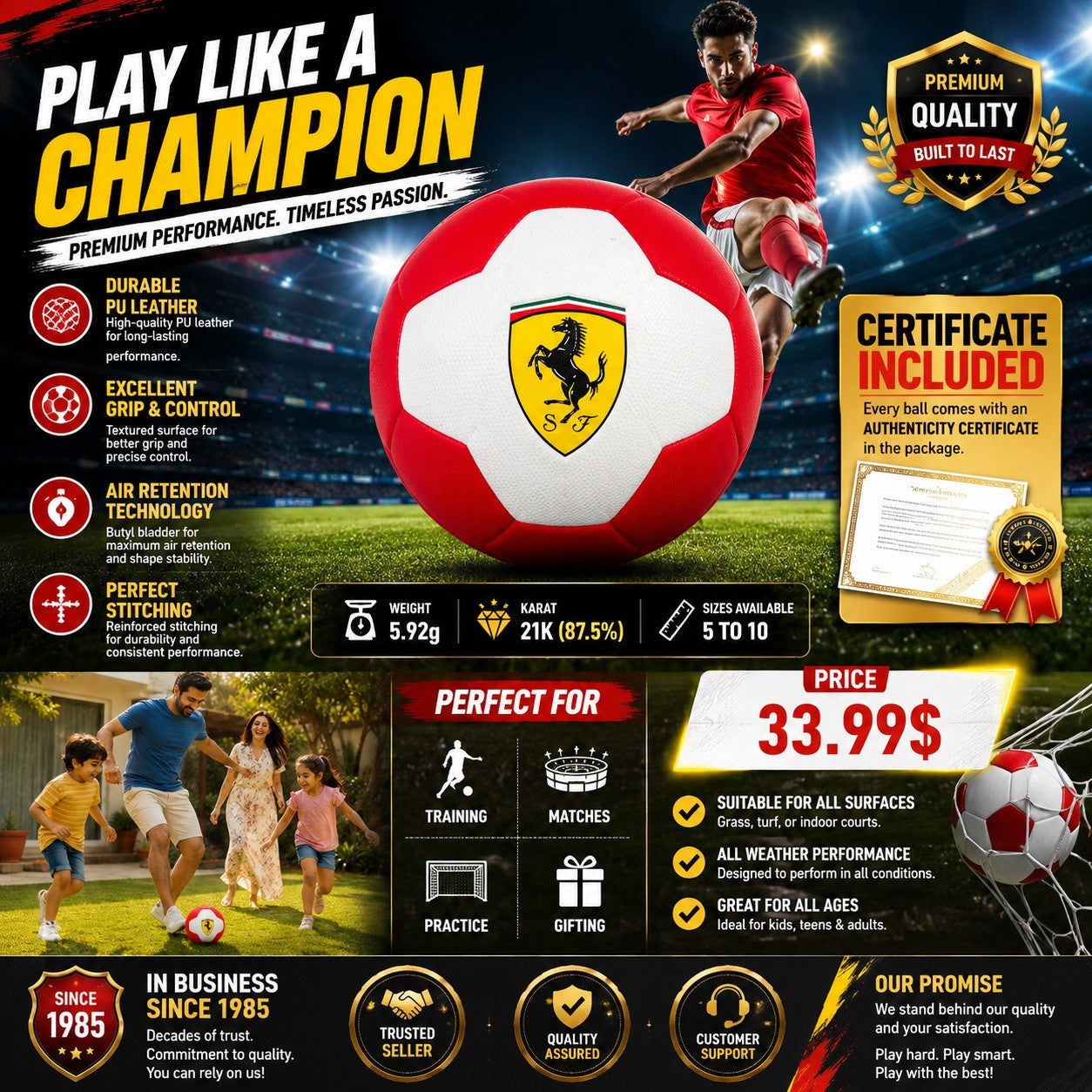 Ferrari Style Size 5 Soccer Ball PU Leather Football Training Ball - Lumi and Leo