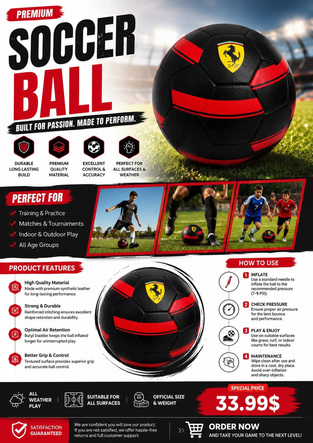 Ferrari Style Size 5 Soccer Ball PU Leather Football Training Ball