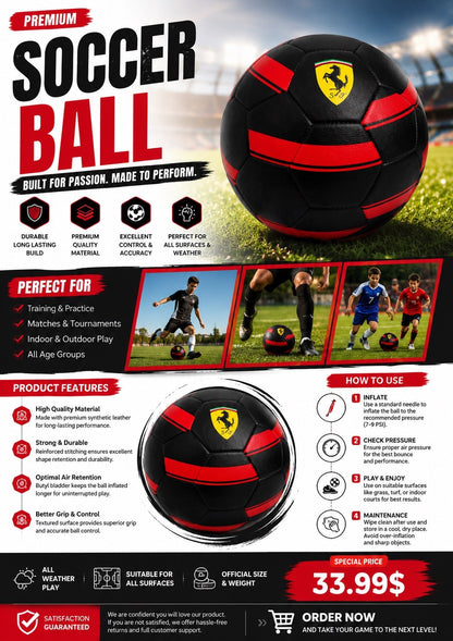 Ferrari Style Size 5 Soccer Ball PU Leather Football Training Ball - Lumi and Leo