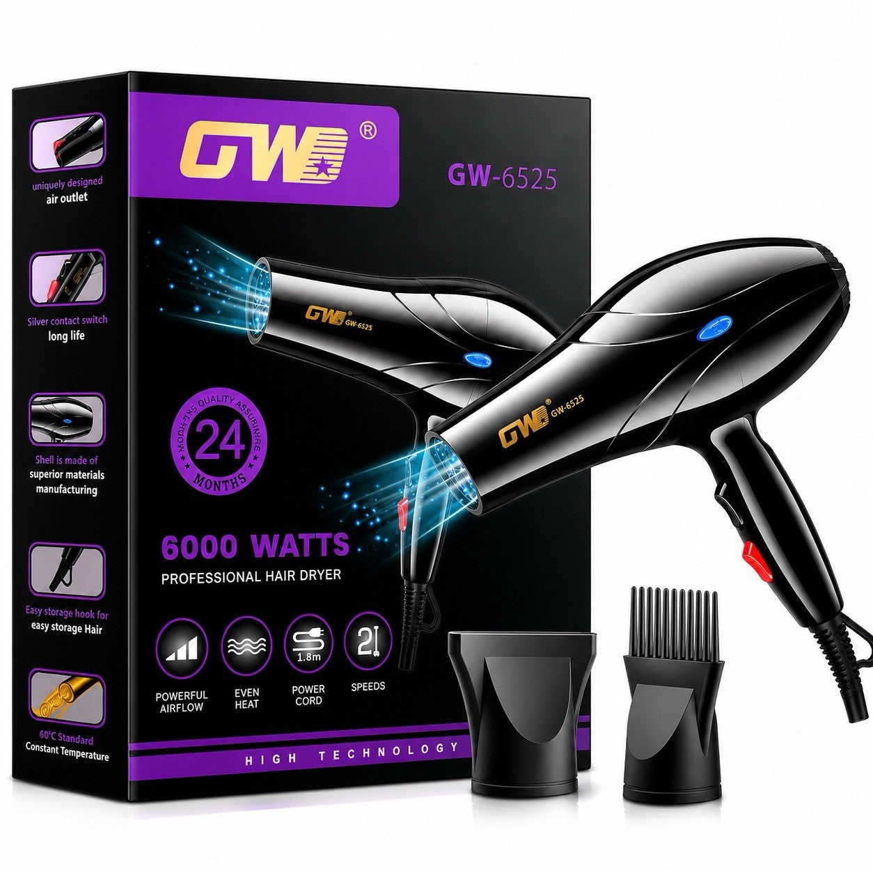 GW GW-6525 Professional Hair Dryer 2 Speeds 3 Heat Settings 6000W Black - Lumi and Leo