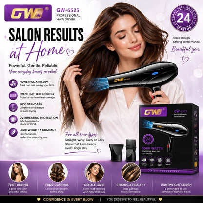 GW GW-6525 Professional Hair Dryer 2 Speeds 3 Heat Settings 6000W Black - Lumi and Leo