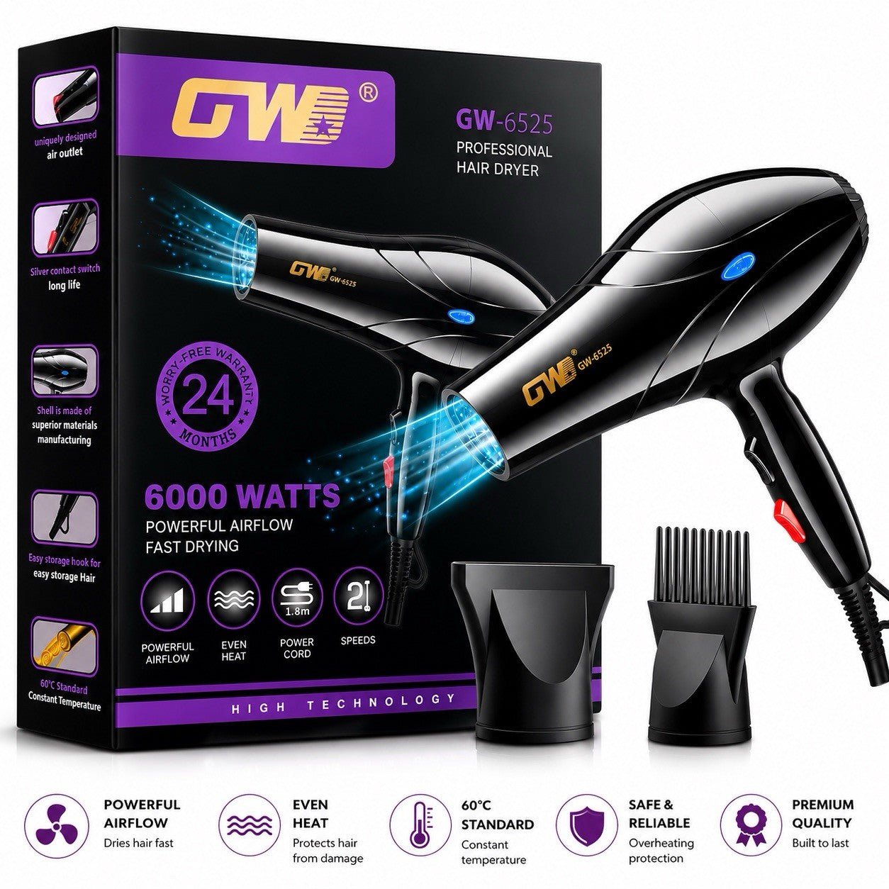 GW GW-6525 Professional Hair Dryer 2 Speeds 3 Heat Settings 6000W Black - Lumi and Leo