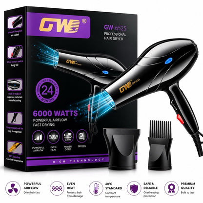 GW GW-6525 Professional Hair Dryer 2 Speeds 3 Heat Settings 6000W Black - Lumi and Leo