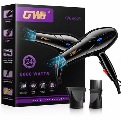 GW GW-6525 Professional Hair Dryer 2 Speeds 3 Heat Settings 6000W Black - Lumi and Leo